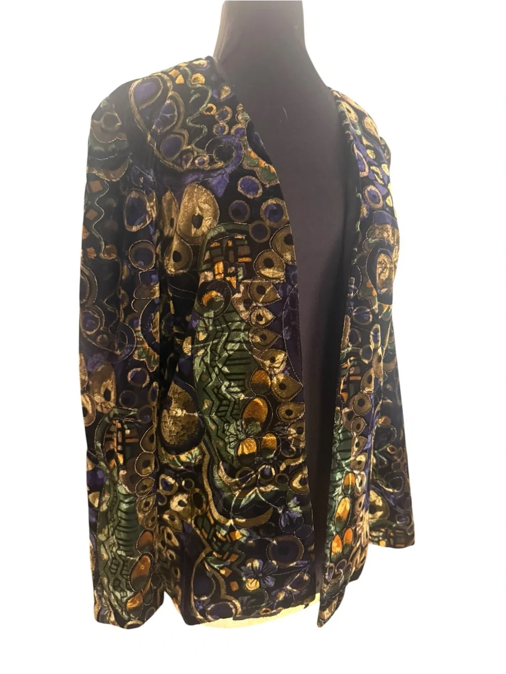 Vintage Velvet Burnout Open Front Jacket Metallic Abstract Art Blazer Small USA